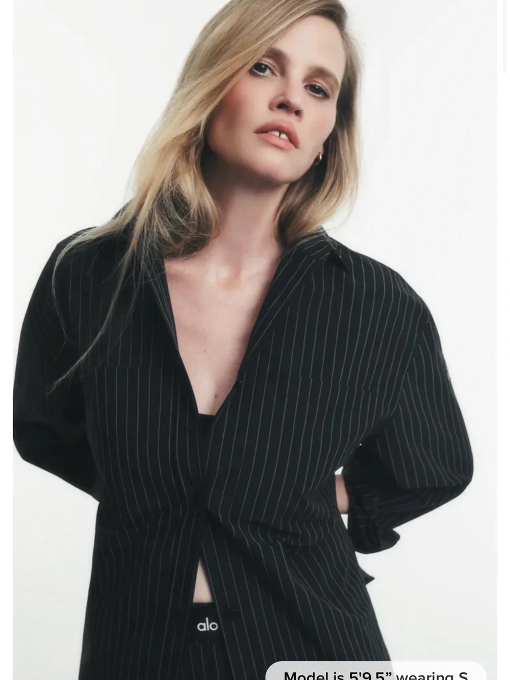 ALO Yoga Pinstripe Daylight Button Down Long Sleeve Black